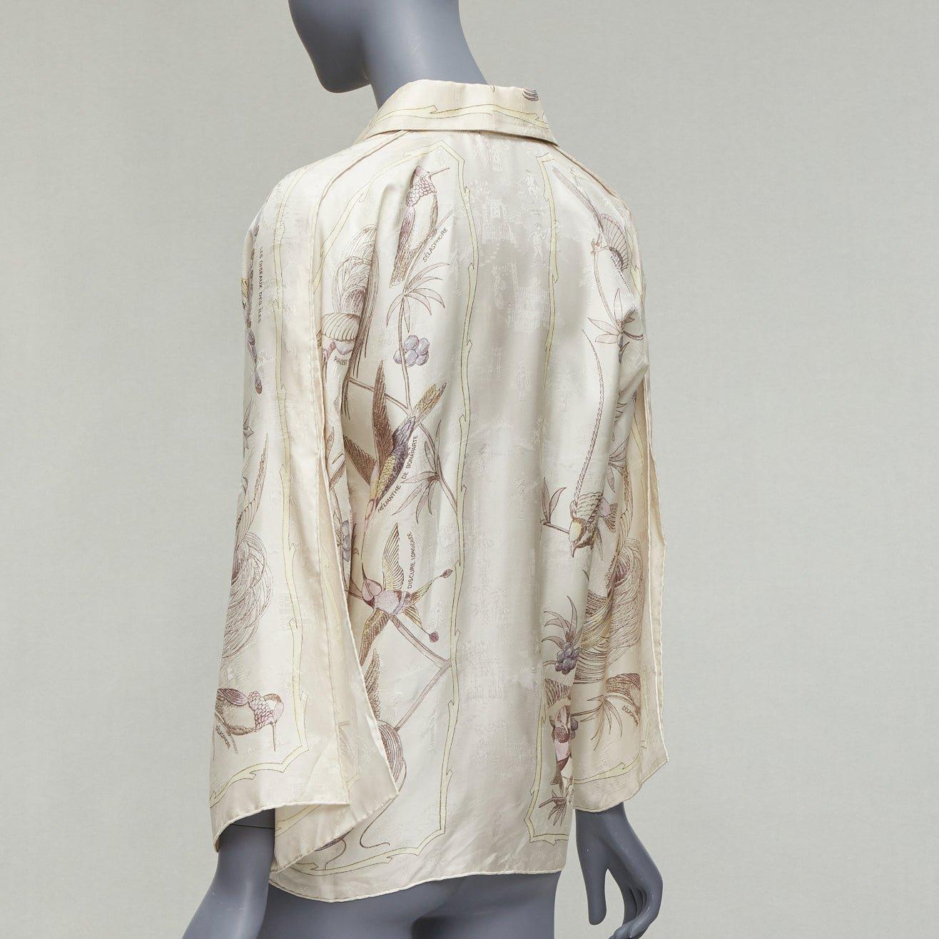HERMES Vintage 100% silk cream bird print scarf slit sleeve kimono shirt FR34 XS 1