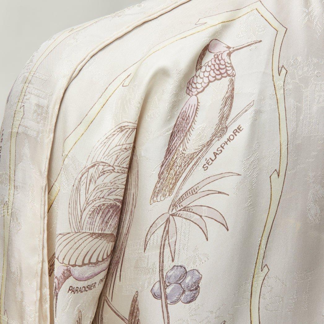 HERMES Vintage 100% silk cream bird print scarf slit sleeve kimono shirt FR34 XS 2