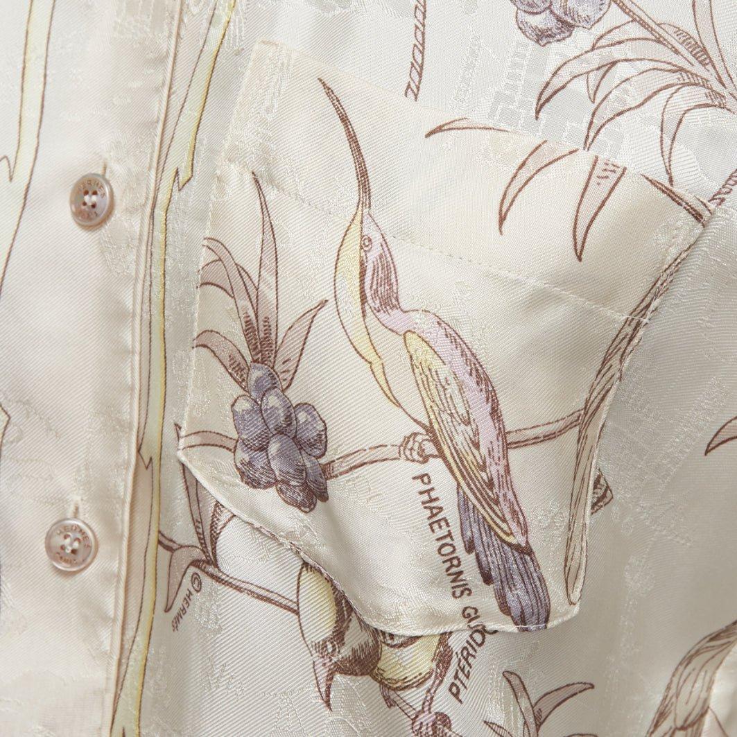 HERMES Vintage 100% silk cream bird print scarf slit sleeve kimono shirt FR34 XS For Sale 4