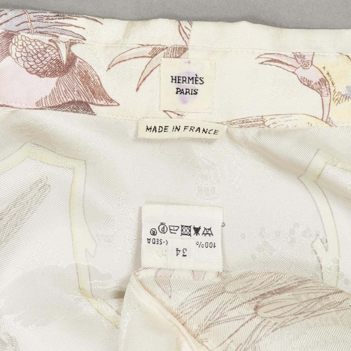 HERMES Vintage 100% silk cream bird print scarf slit sleeve kimono shirt FR34 XS For Sale 5