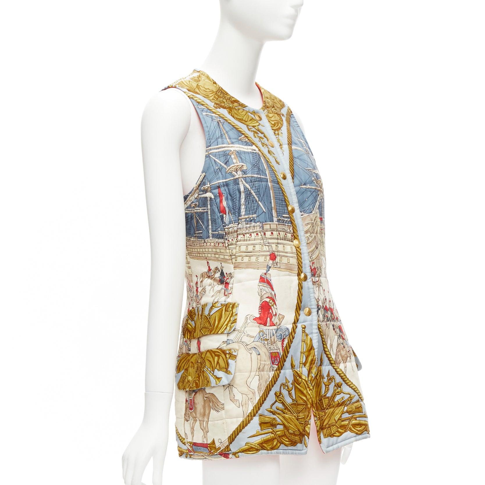 HERMES Vintage 100% silk Marine et Cavalry padded gilet vest FR38 M In Fair Condition For Sale In Hong Kong, NT