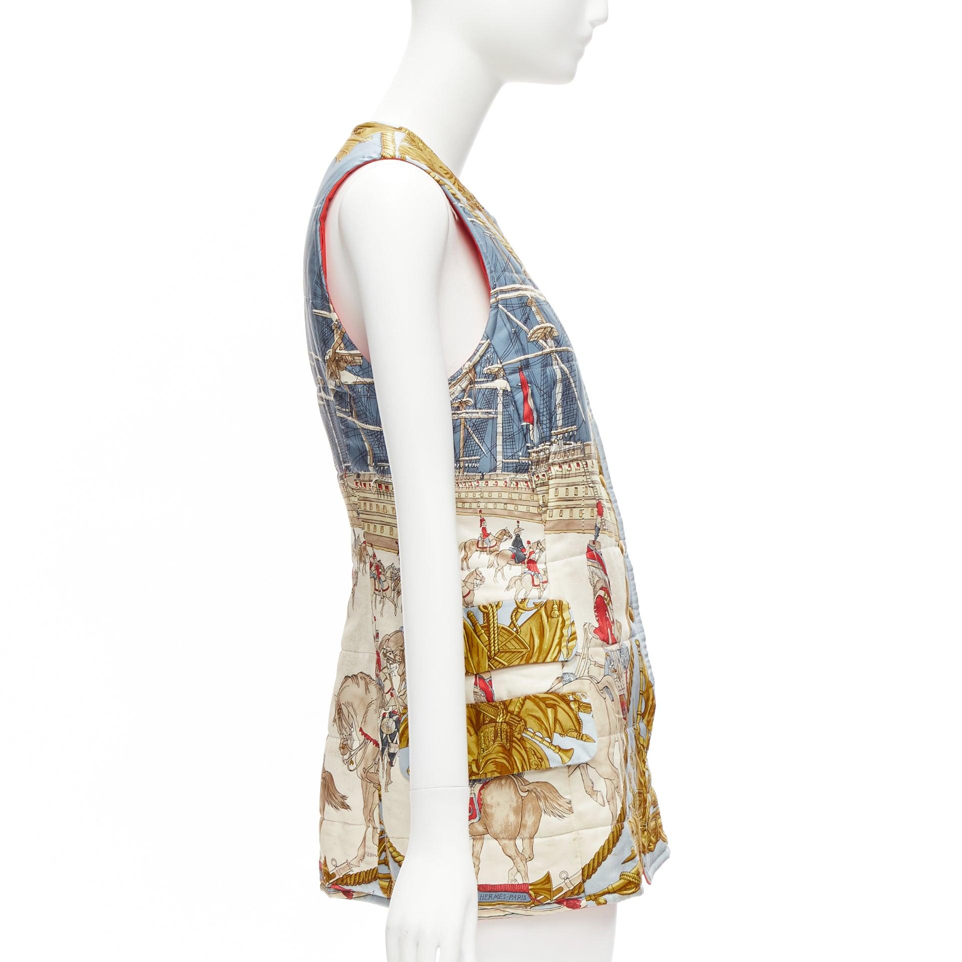 Women's HERMES Vintage 100% silk Marine et Cavalry padded gilet vest FR38 M For Sale