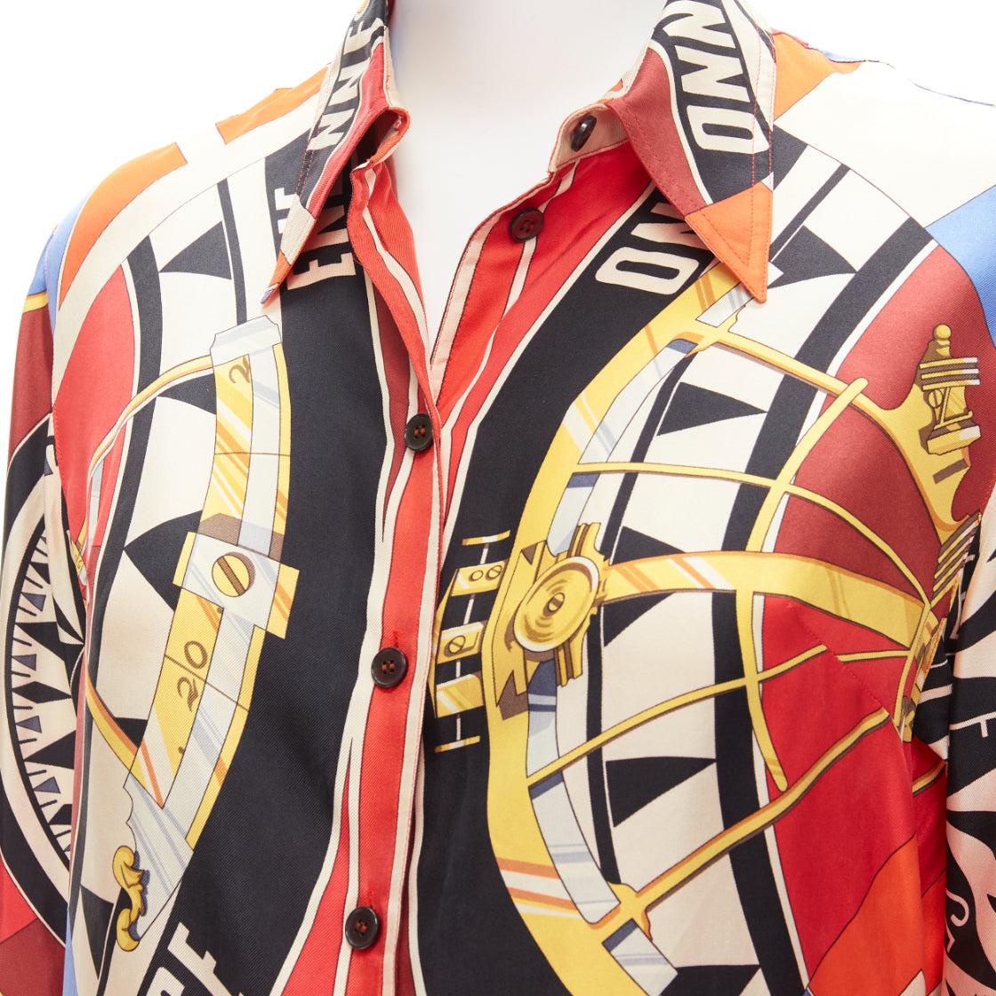 HERMES Vintage 100% silk Sextan red compass print shirt FR36 S 2