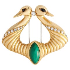 Hermes Vintage 18K Yellow Gold 0.50ct Diamond and Malachite Double Swan Brooch