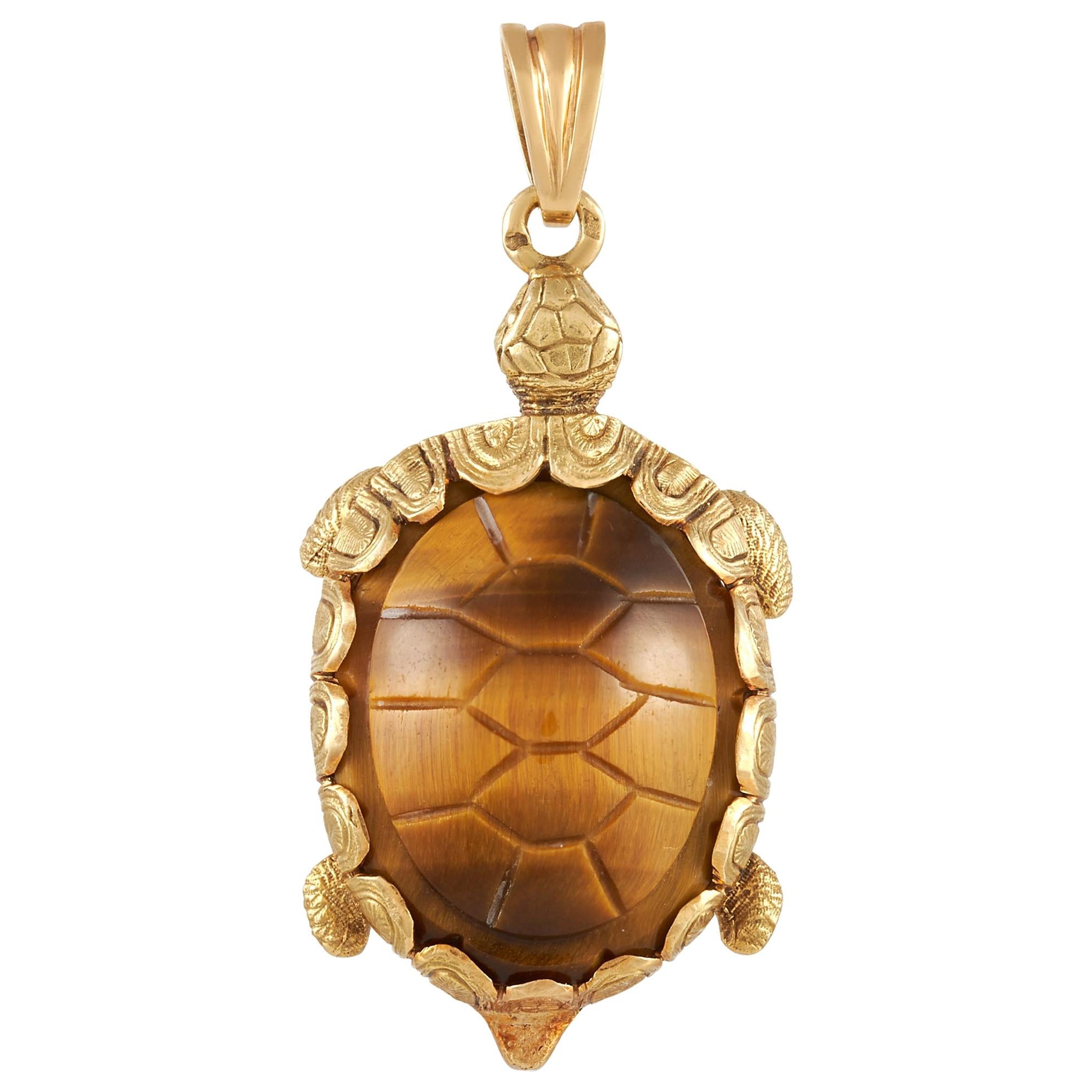 Hermès Vintage 18k Yellow Gold Tiger's Eye Turtle Pendant