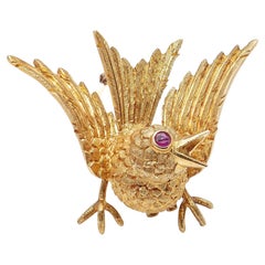 Hermes Vintage 18kt. Yellow Gold Whimsical Bird Brooch with Ruby