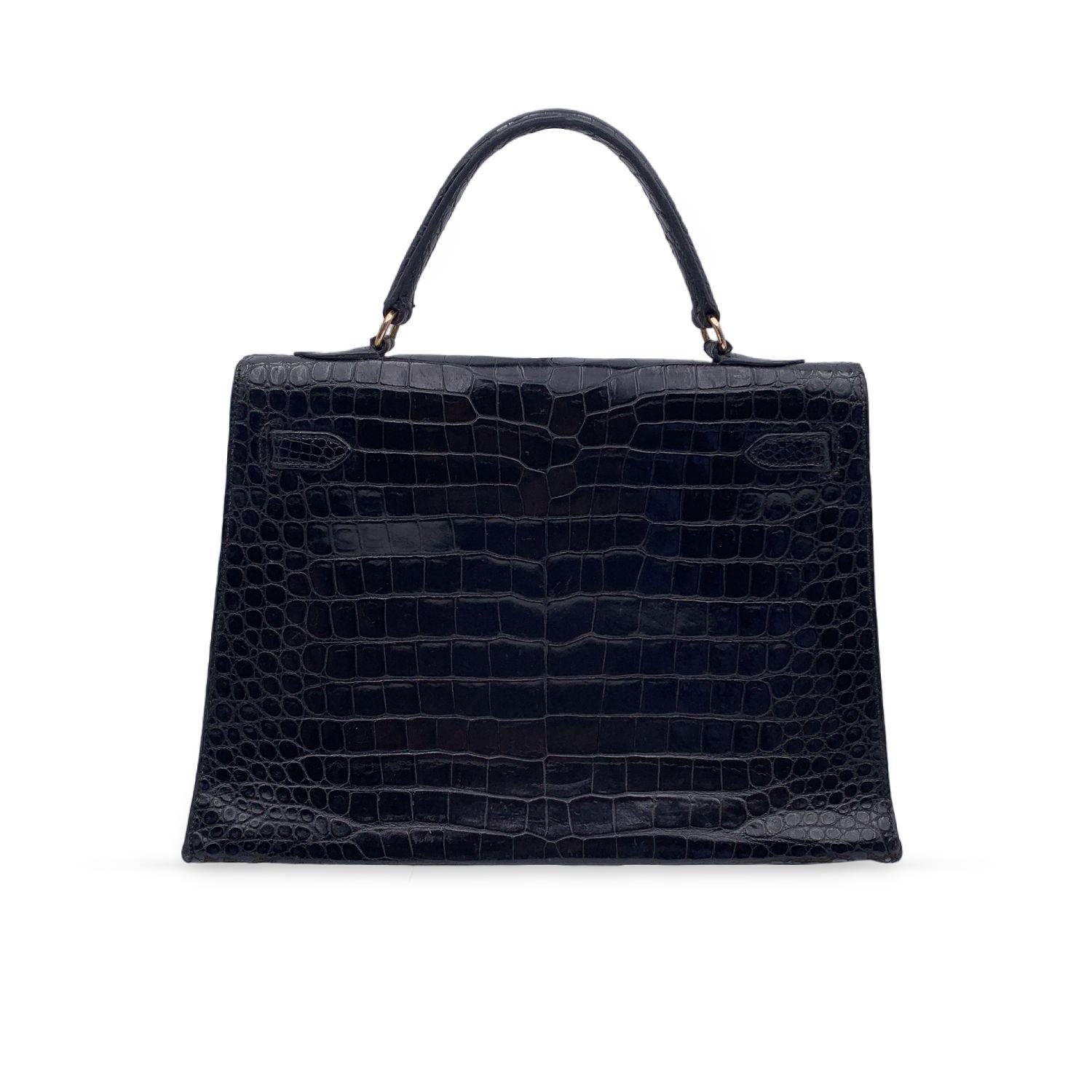 Women's Hermes Vintage 1940s Black Crocodile Leather Kelly 32 Bag with Cites