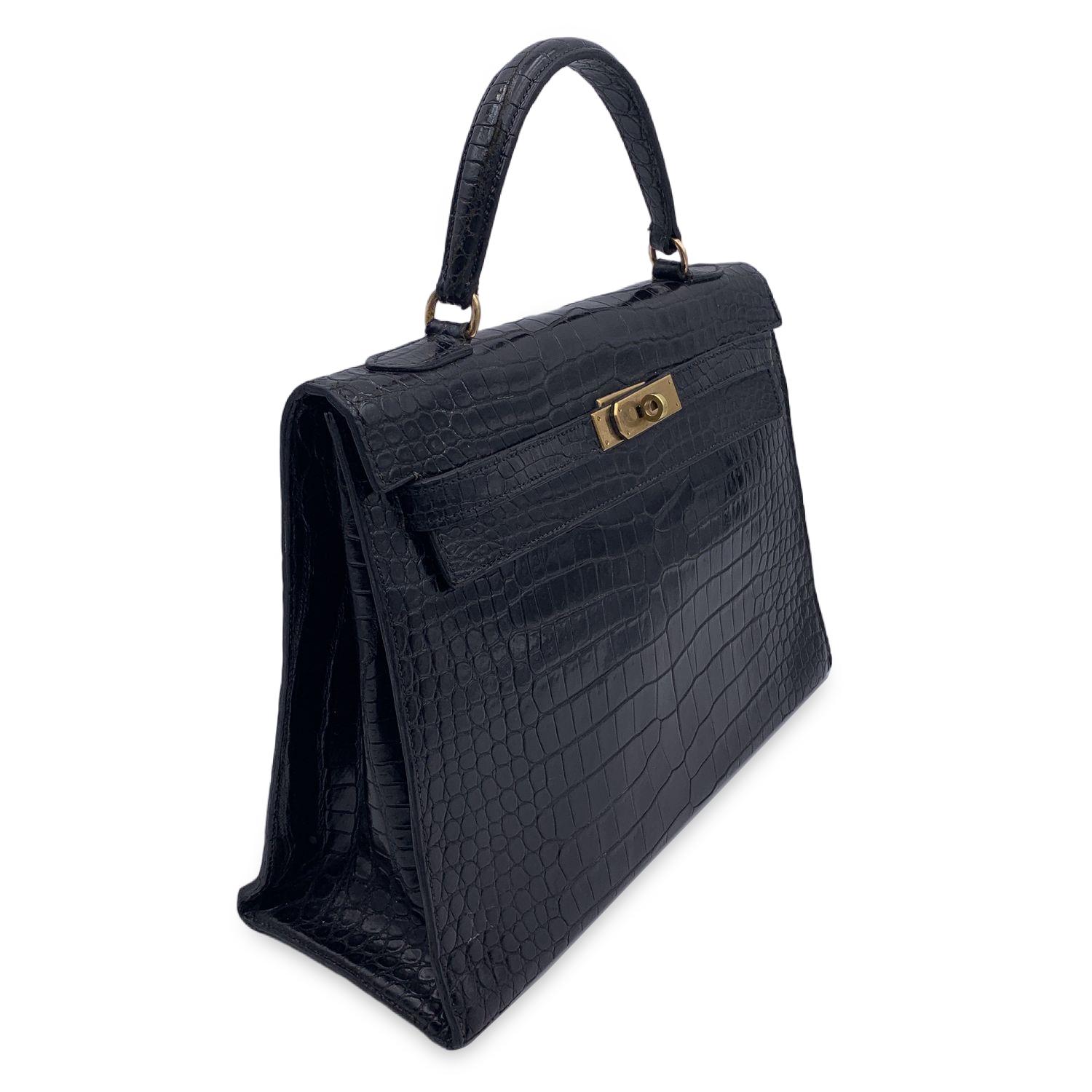 Hermes Vintage 1940s Black Crocodile Leather Kelly 32 Bag with Cites 2