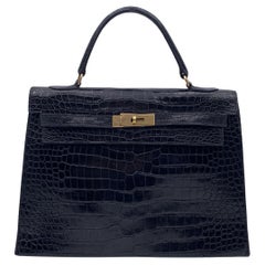 Hermes Vintage 1940s Black Crocodile Leather Kelly 32 Bag with Cites