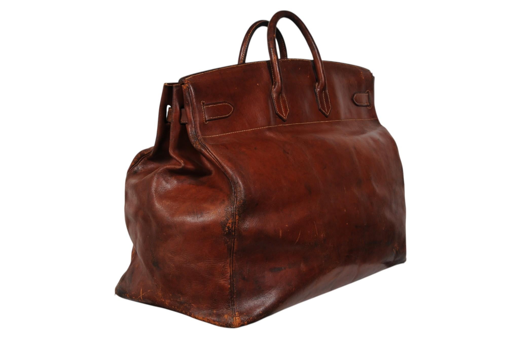 Marron Hermes Vintage 1950's Haut à Courroies Hac 55 Birkin Natural Travel Duffle Bag en vente