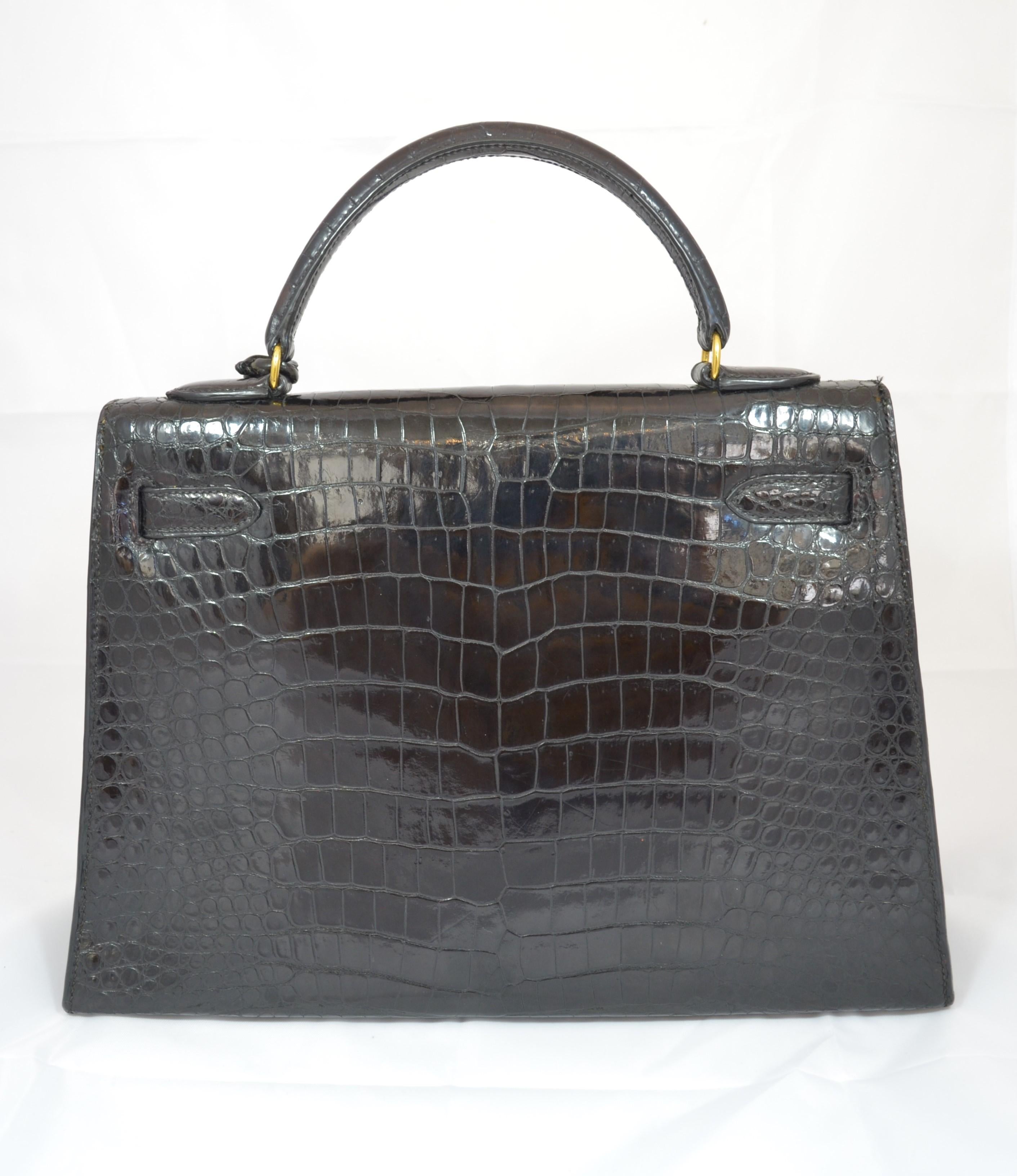 Noir Hermès Vintage 1959 Sac Kelly en crocodile noir 32cm
