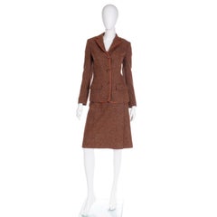 Hermes Vintage 1970s 2pc Jacket & Skirt Suit in Brown Tweed With Leather Trim
