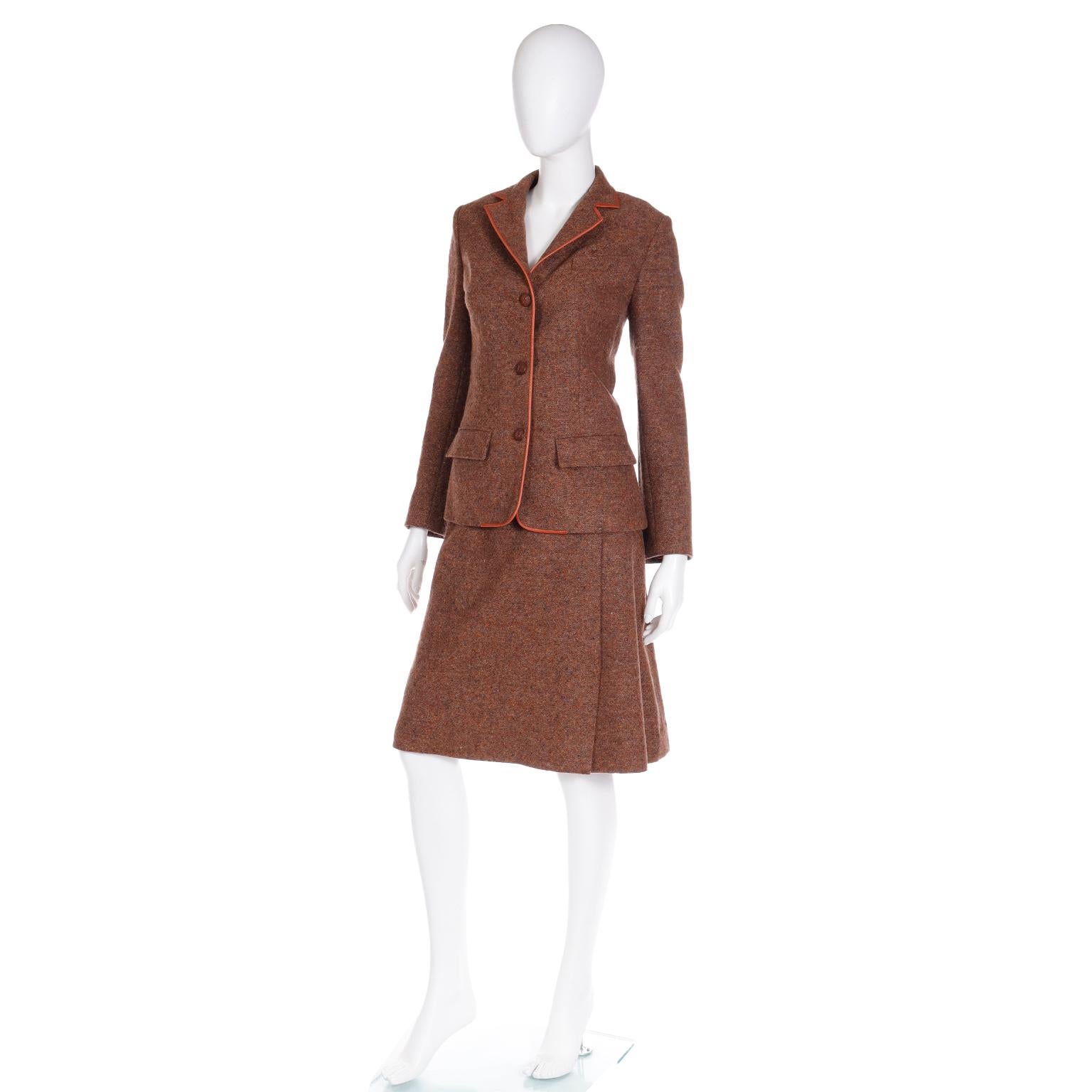 Hermes Vintage 1970s 2pc Jacket & Skirt Suit in Brown Tweed With Leather Trim In Excellent Condition For Sale In Portland, OR