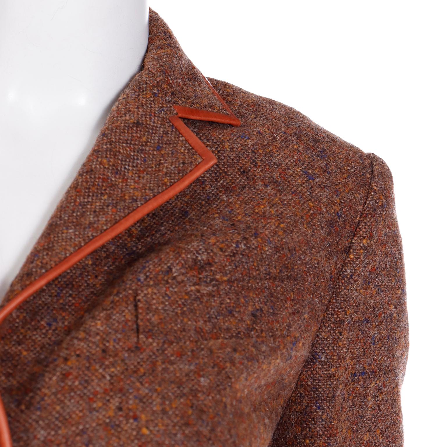 Hermes Vintage 1970s 2pc Jacket & Skirt Suit in Brown Tweed With Leather Trim en vente 2