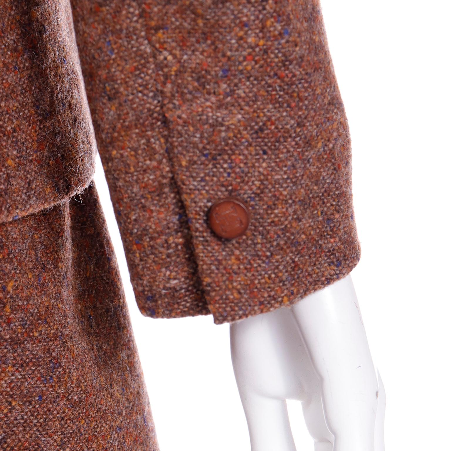 Hermes Vintage 1970s 2pc Jacket & Skirt Suit in Brown Tweed With Leather Trim en vente 3