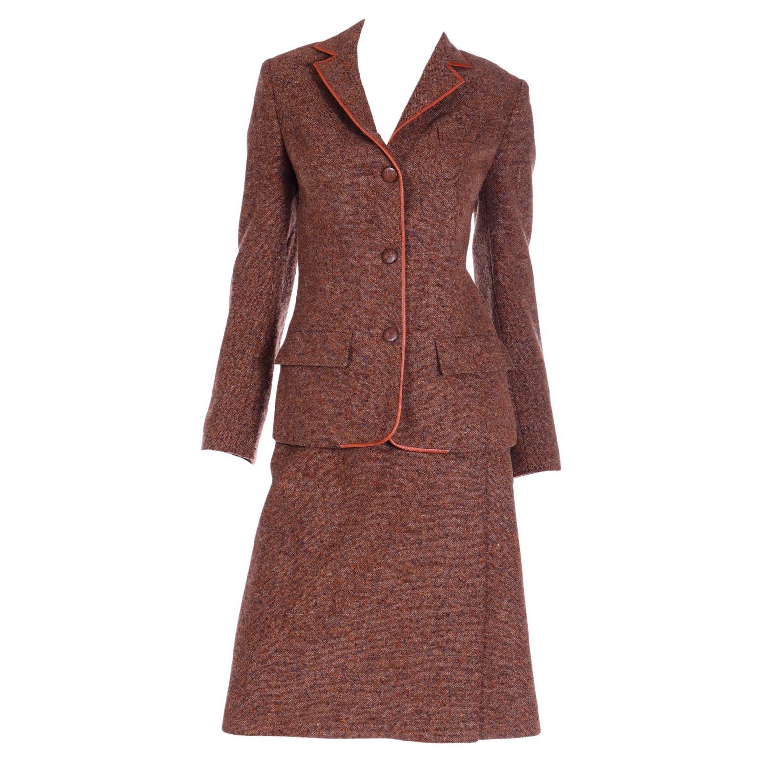 Hermes Vintage 1970s 2pc Jacket & Skirt Suit in Brown Tweed With Leather Trim en vente