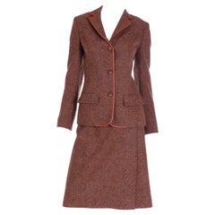 Hermes Vintage 1970s 2pc Jacket & Skirt Suit in Brown Tweed With Leather Trim