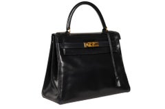 Hermes Vintage 1970s Kelly 28 Navy Blue Box Calfskin Leather Gold Hardware