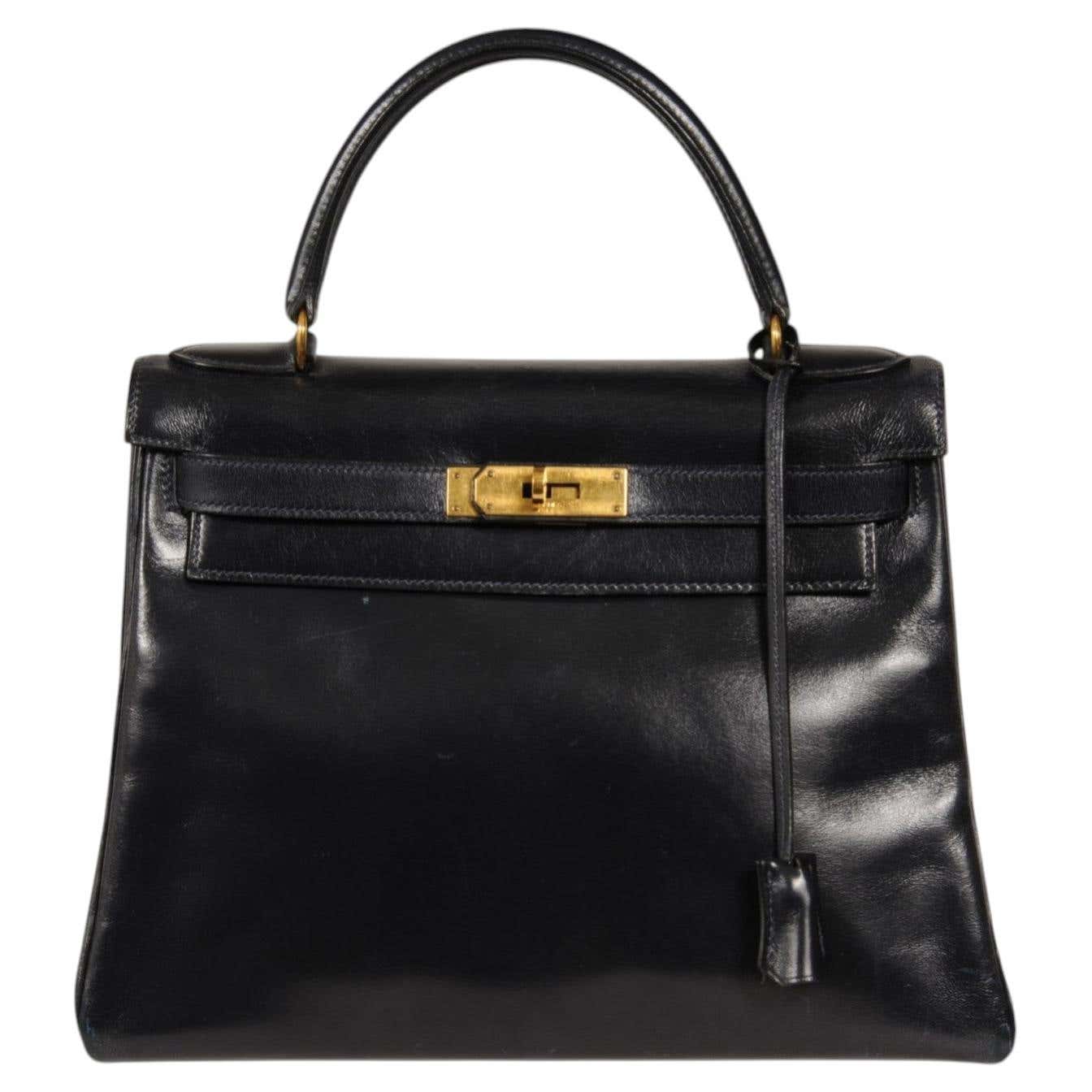 Vintage Hermes Kelly 28 Navy Blue Box Calfskin handbag with gold hardware — Hermès