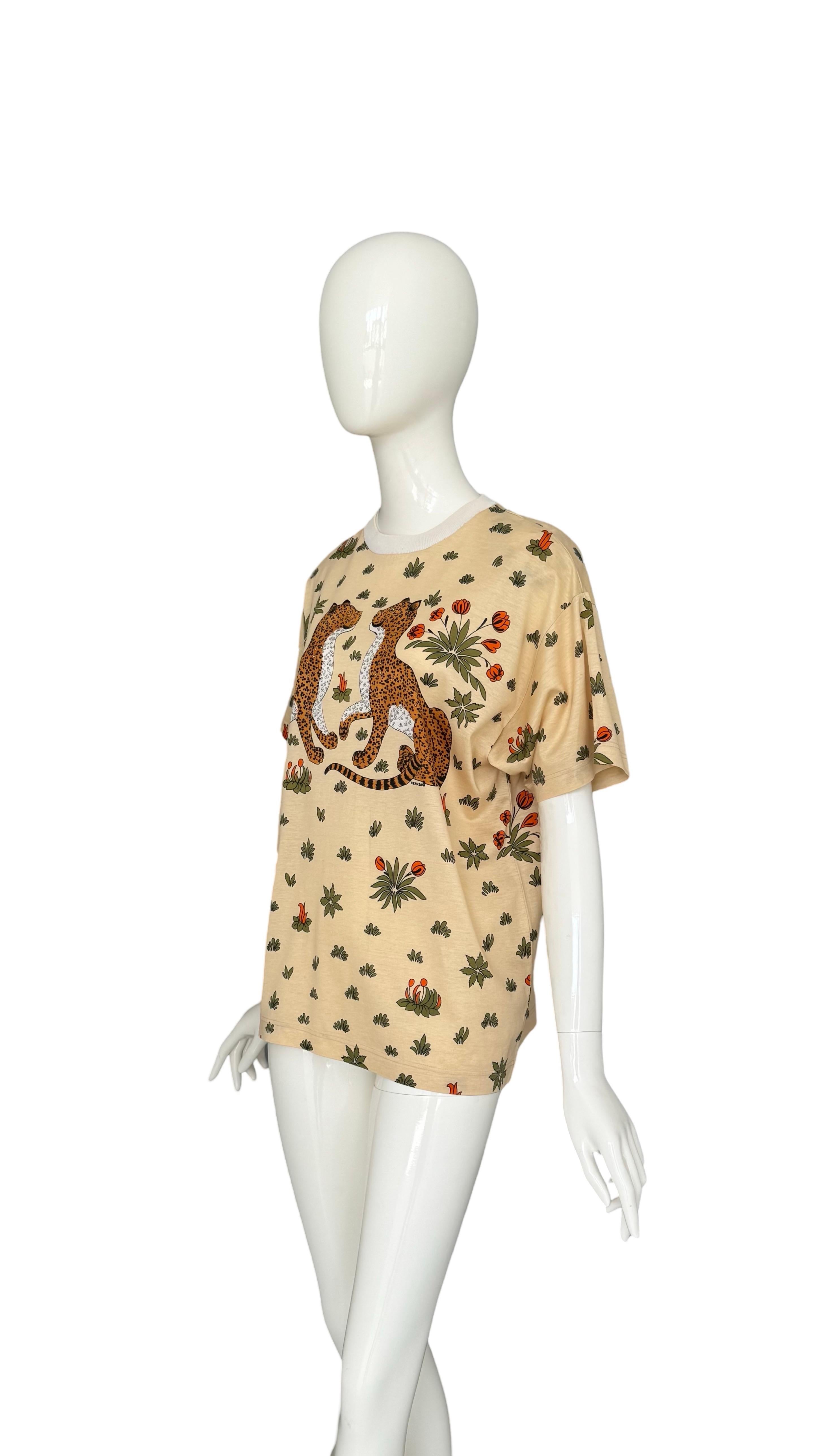 Beige Hermes Vintage 1980s Les leopards by Christiane Vauzelles Print Cotton T-Shirt