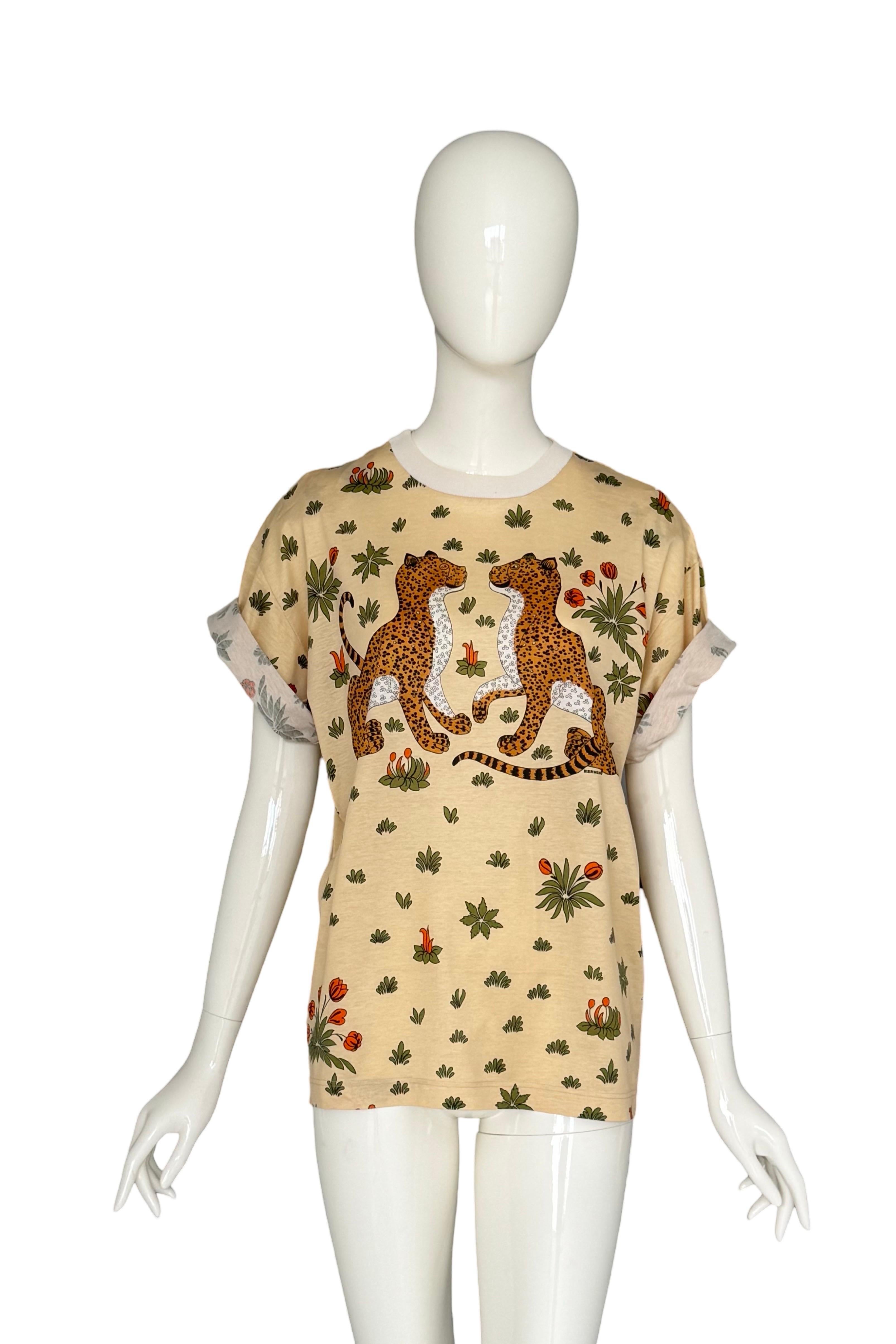 Hermes Vintage 1980s Les leopards by Christiane Vauzelles Print Cotton T-Shirt 2