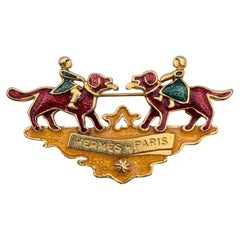 Hermes Vintage 1990s Gold Metal Enamel Pin Brooch Early America
