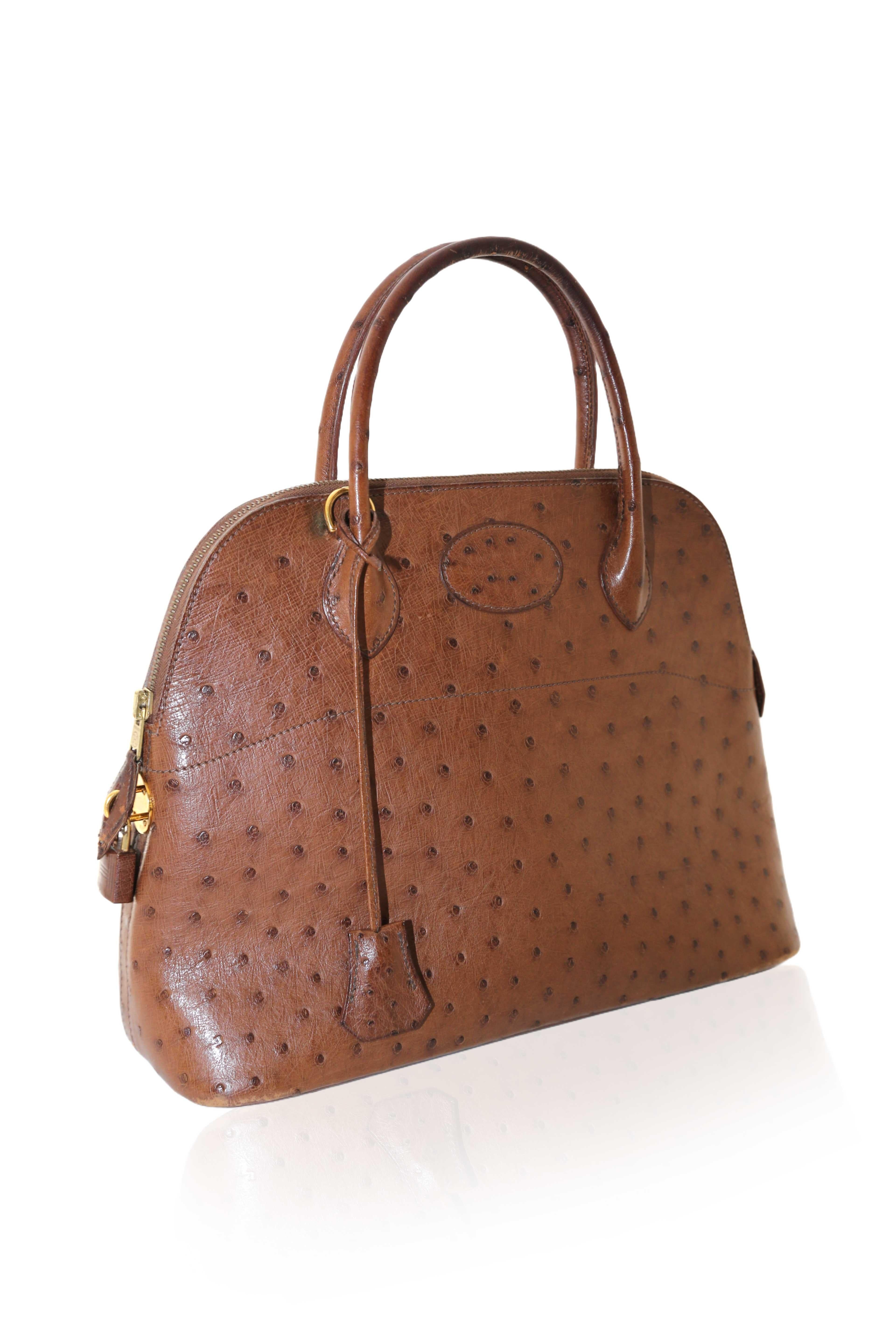 Brown Hermès Vintage 1994 Tan Ostrich Leather Bolide 31 For Sale