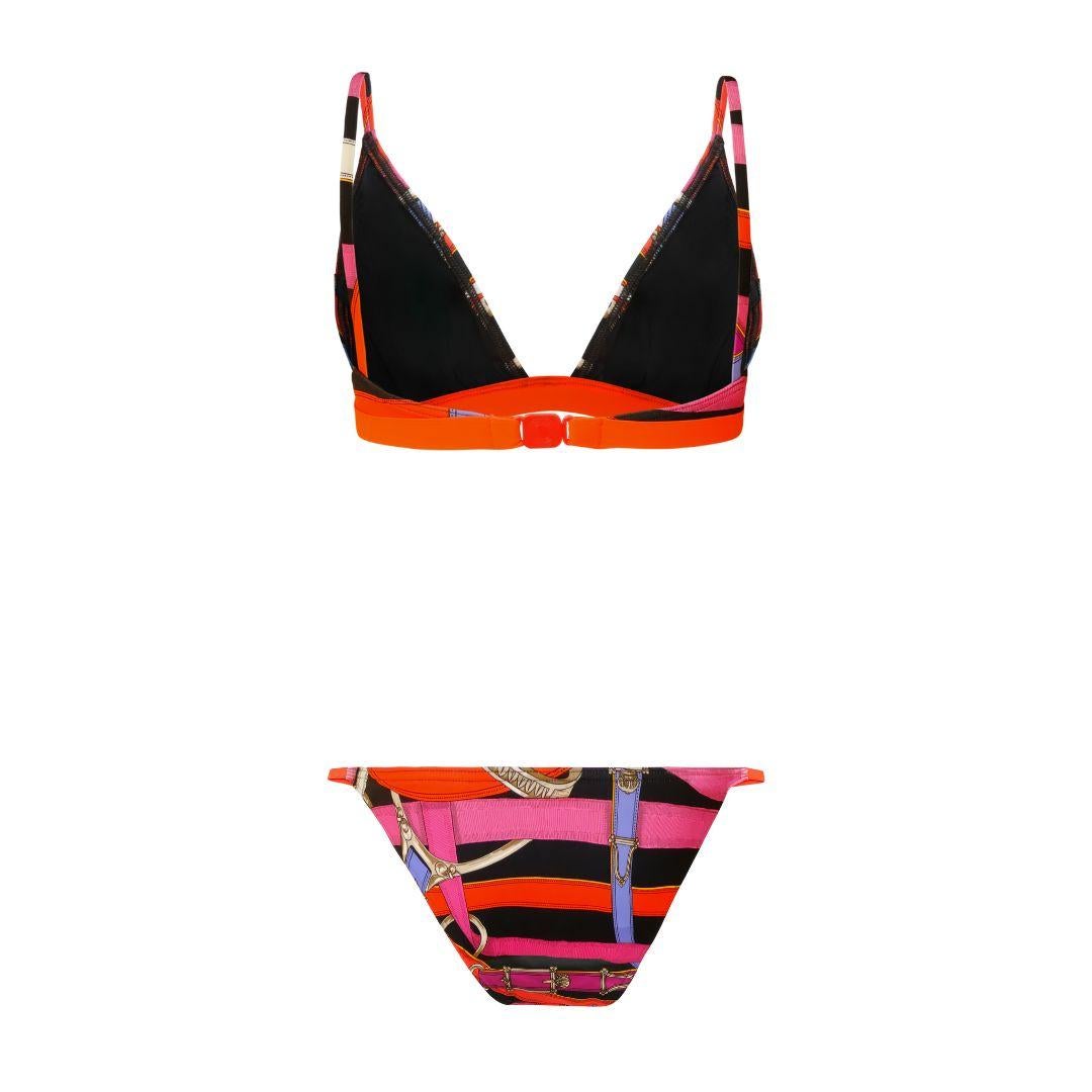 Hermes Vintage 2000s bridle strap print bikini set. Comes with matching orange sachet.

Black, orange, pink, white and gray print with bright orange straps. Triangle shaped bikini top with back logo snap closure and openings for cup inserts (cups
