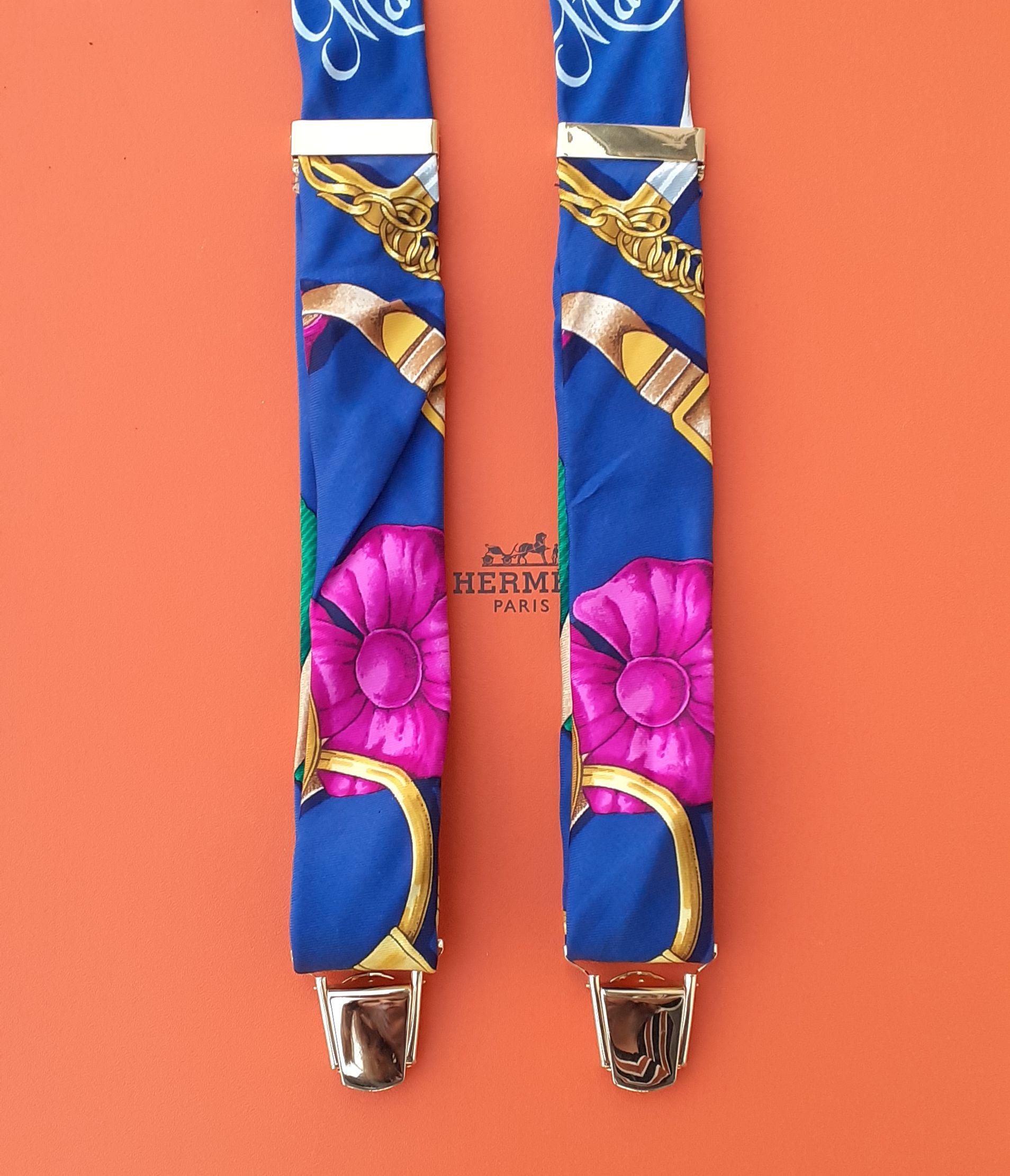 Violet Hermès Vintage Adjustable Suspenders Grand Manège Print in Silk and Leather Rare en vente
