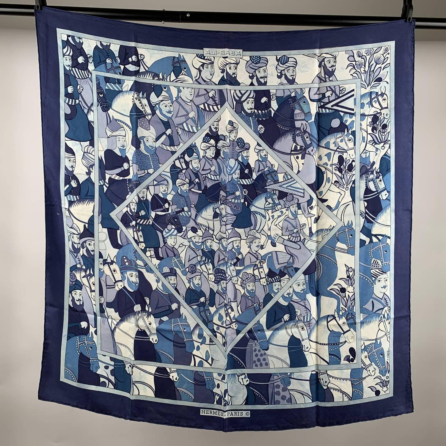 MATERIAL: Silk COLOR: Blue MODEL: Scarf GENDER: Women SIZE: 35 x 34 inches - 88,9 x 86,3 cm COUNTRY OF MANUFACTURE: France Condition CONDITION DETAILS: C: FAIR CONDITION - Well used, with noticeable defects -Some transfer of blue color due to use, a