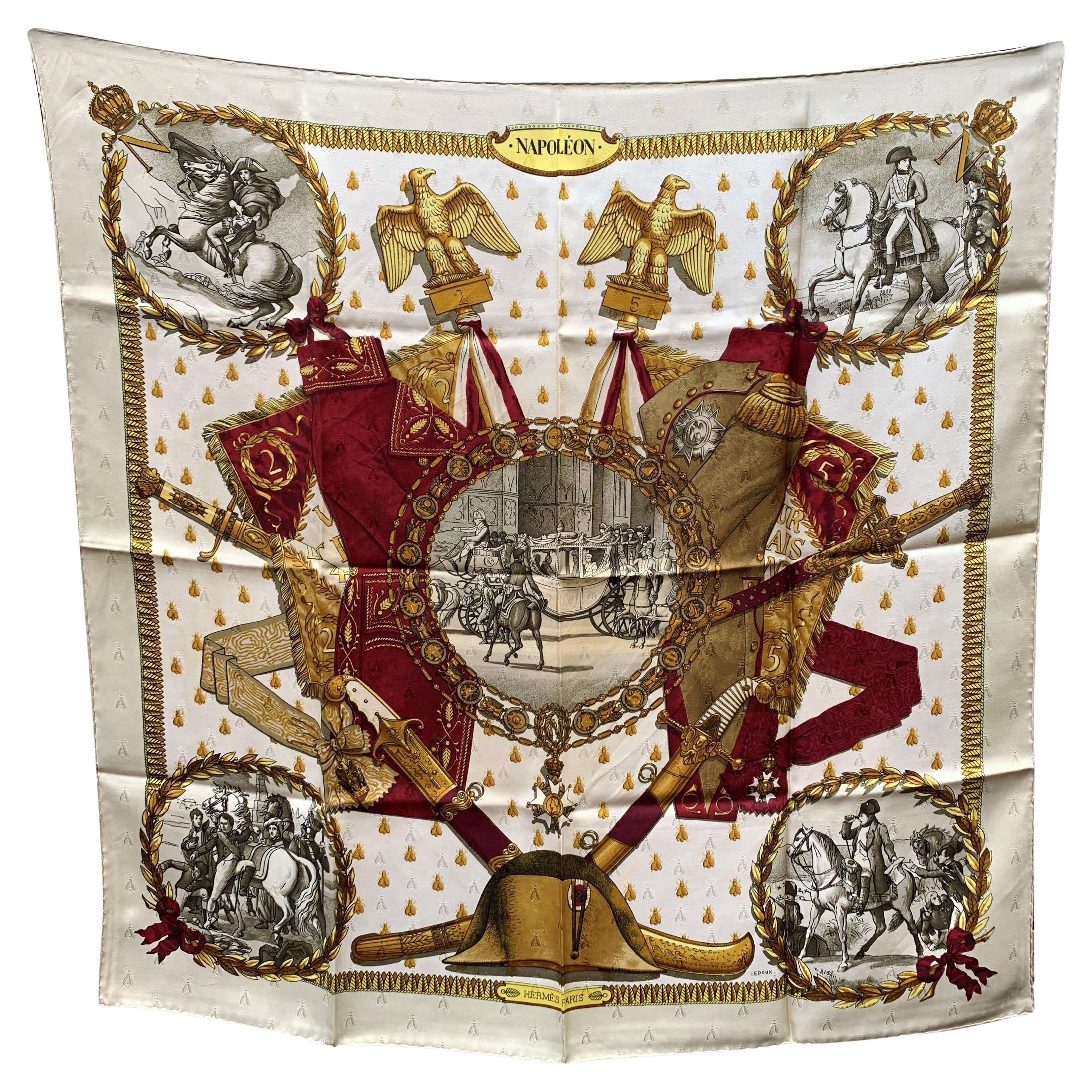 Hermes Vintage Beige Jacquard Silk Scarf Napoleon 1963 Ledoux For Sale