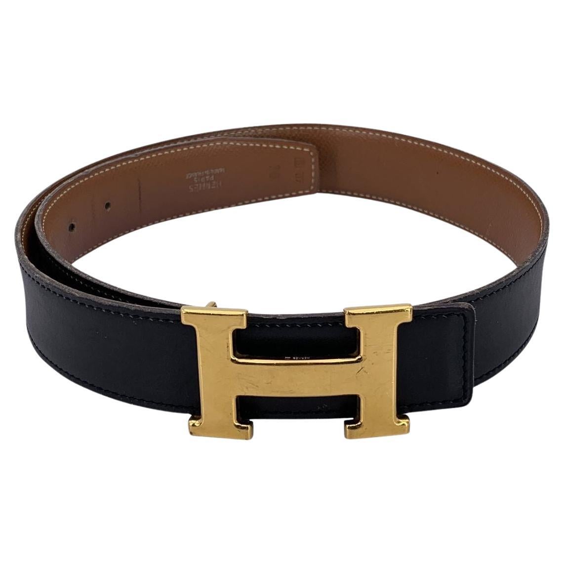 Hermes Vintage Schwarz und Tan Leder Schnalle Reversible Gürtel Größe 70 im Angebot