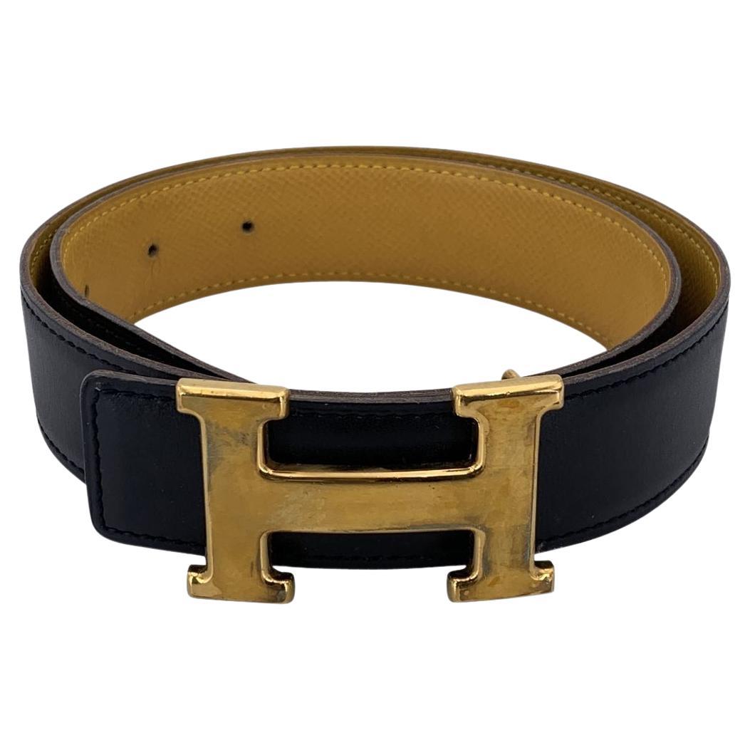 Hermes Vintage Schwarz und Gelb Leder Schnalle Reversible Gürtel Größe 65