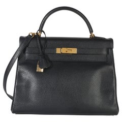 Hermès Vintage Black Ardennes Kelly 32 GHW