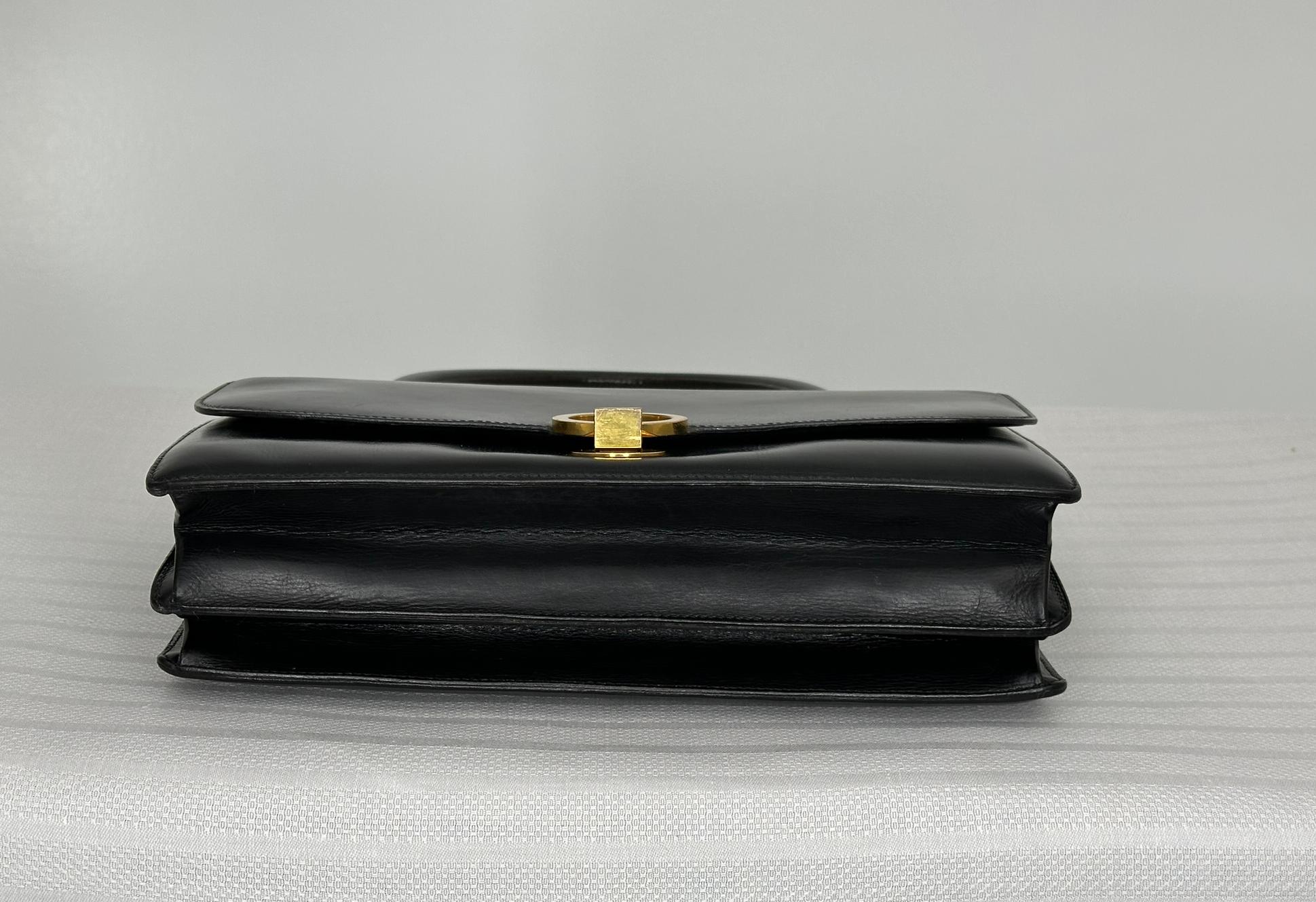 Hermès Vintage Schwarz Box Kalbsleder Klappe vorne Gold Ring Handtasche GH 1950s im Angebot 9