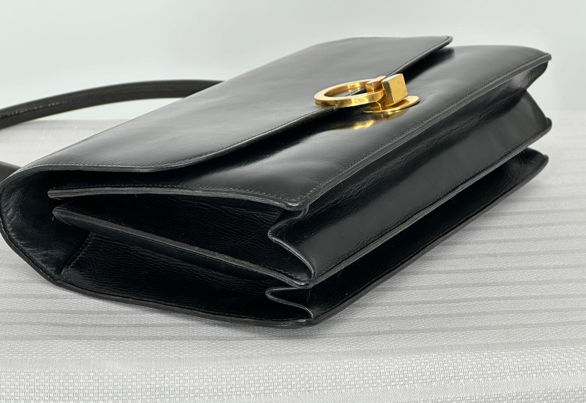 Hermès Vintage Schwarz Box Kalbsleder Klappe vorne Gold Ring Handtasche GH 1950s im Angebot 10