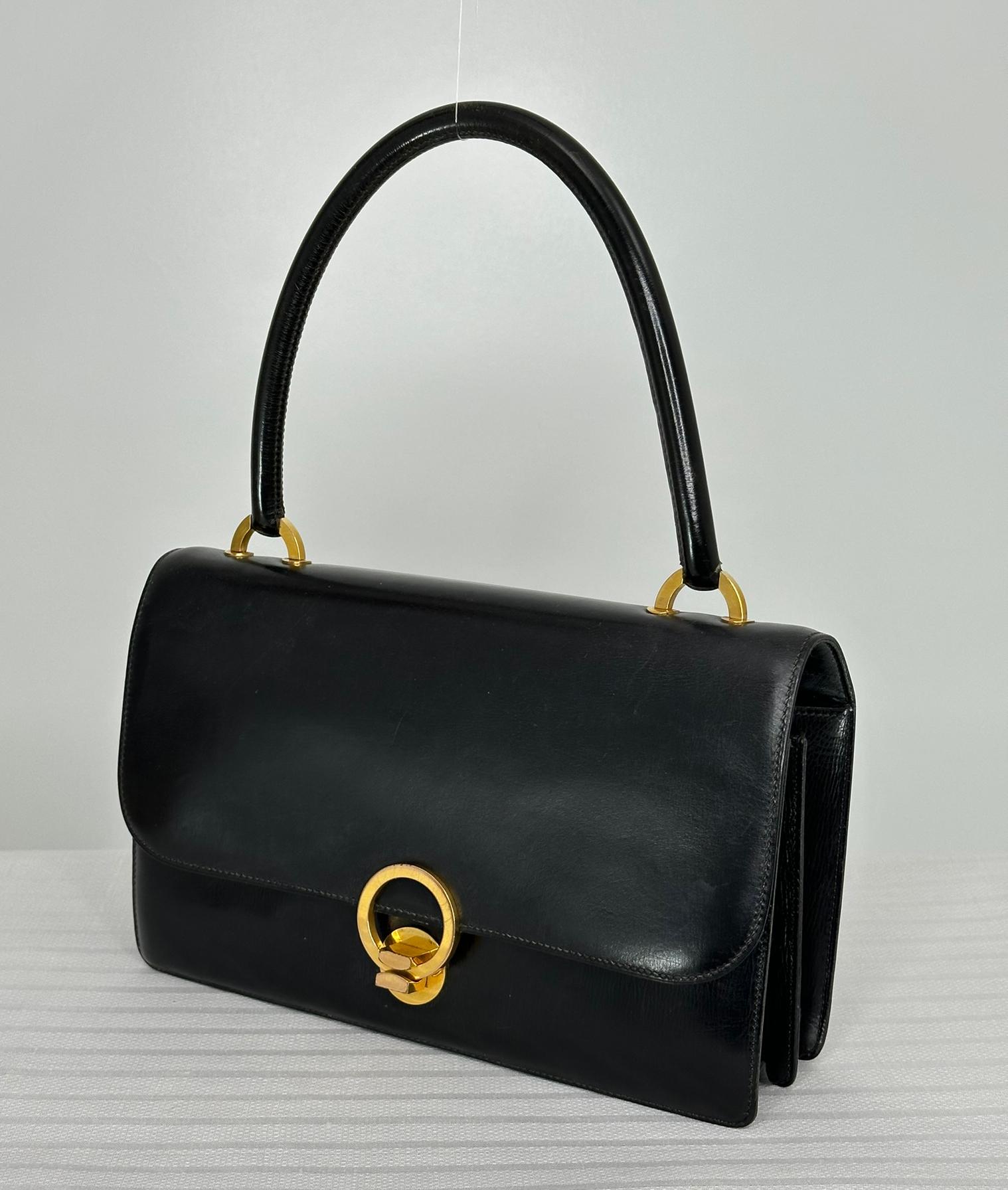Hermès Vintage Schwarz Box Kalbsleder Klappe vorne Gold Ring Handtasche GH 1950s im Angebot 16