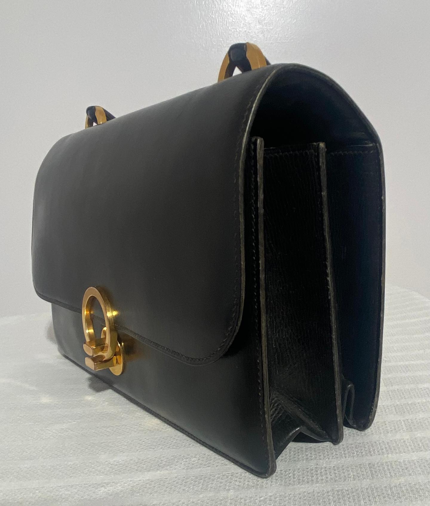Hermès Vintage Schwarz Box Kalbsleder Klappe vorne Gold Ring Handtasche GH 1950s im Angebot 3