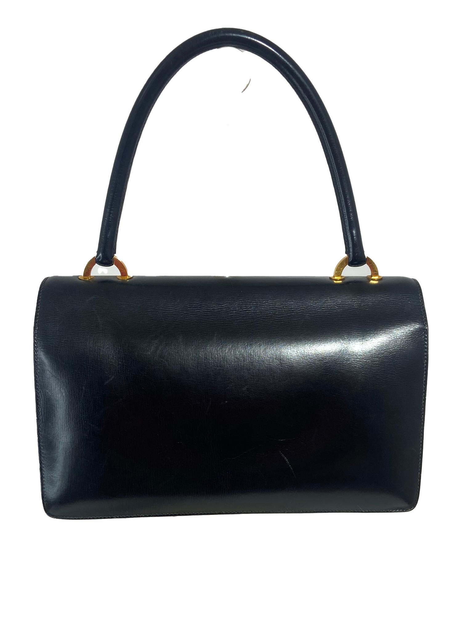 Hermès Vintage Schwarz Box Kalbsleder Klappe vorne Gold Ring Handtasche GH 1950s im Angebot 4