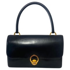 Hermès Vintage Black Box Calf Leather Flap Front Gold Ring Hand Bag GH 1950s