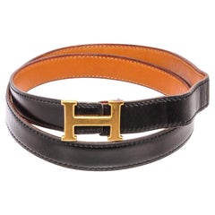 Hermes Vintage Black Brown Reversible Leather Gold Plated Skinny Belt
