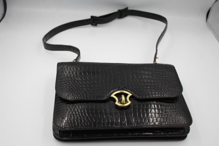Hermes Vintage  Black Croco Vintage Shoulder Bag For Sale 4