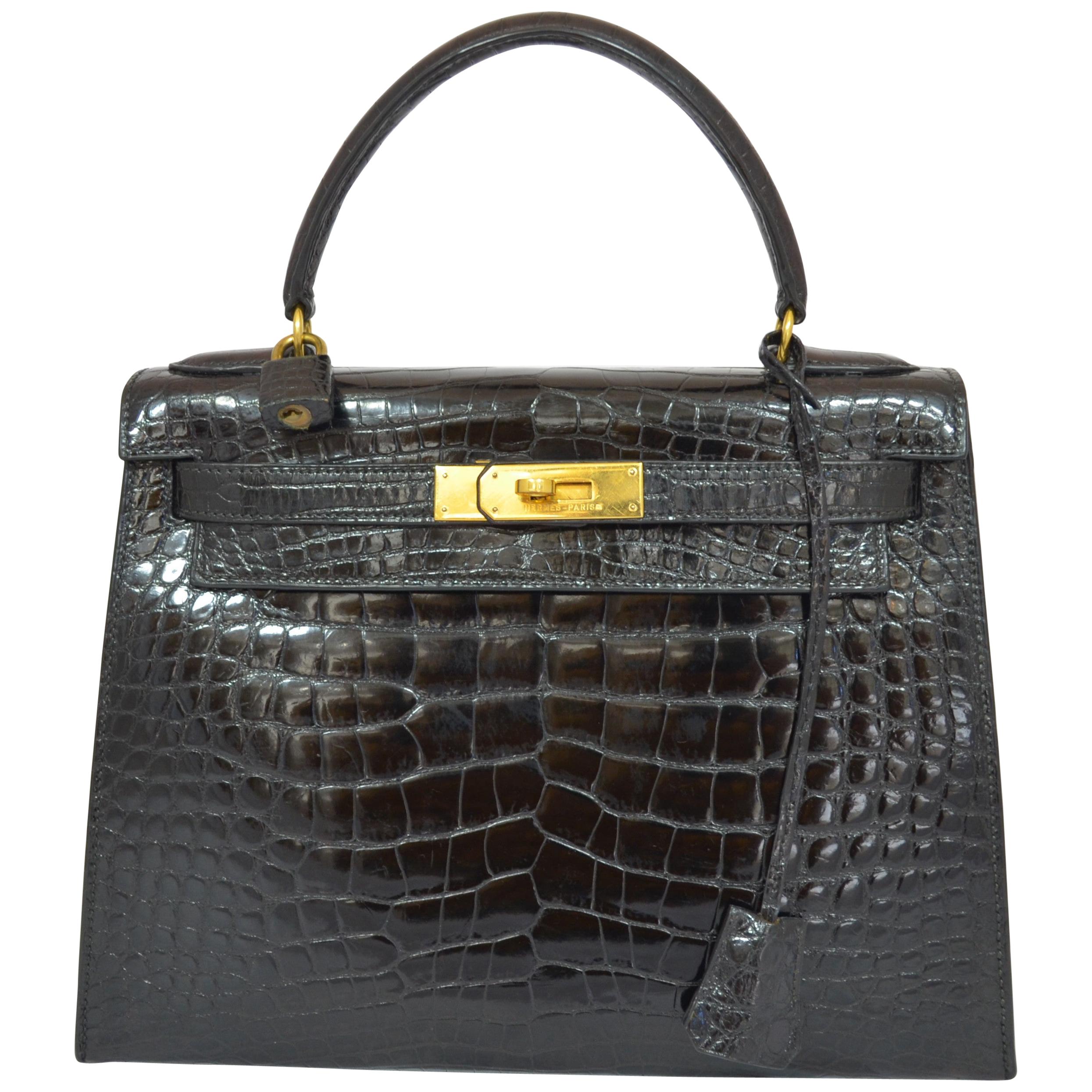Hermès Vintage Black Crocodile Kelly 28 Bag 1992
