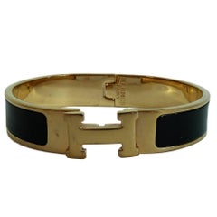 Hermes Vintage Black Gold Onyx Enamel Metal Bracelet 