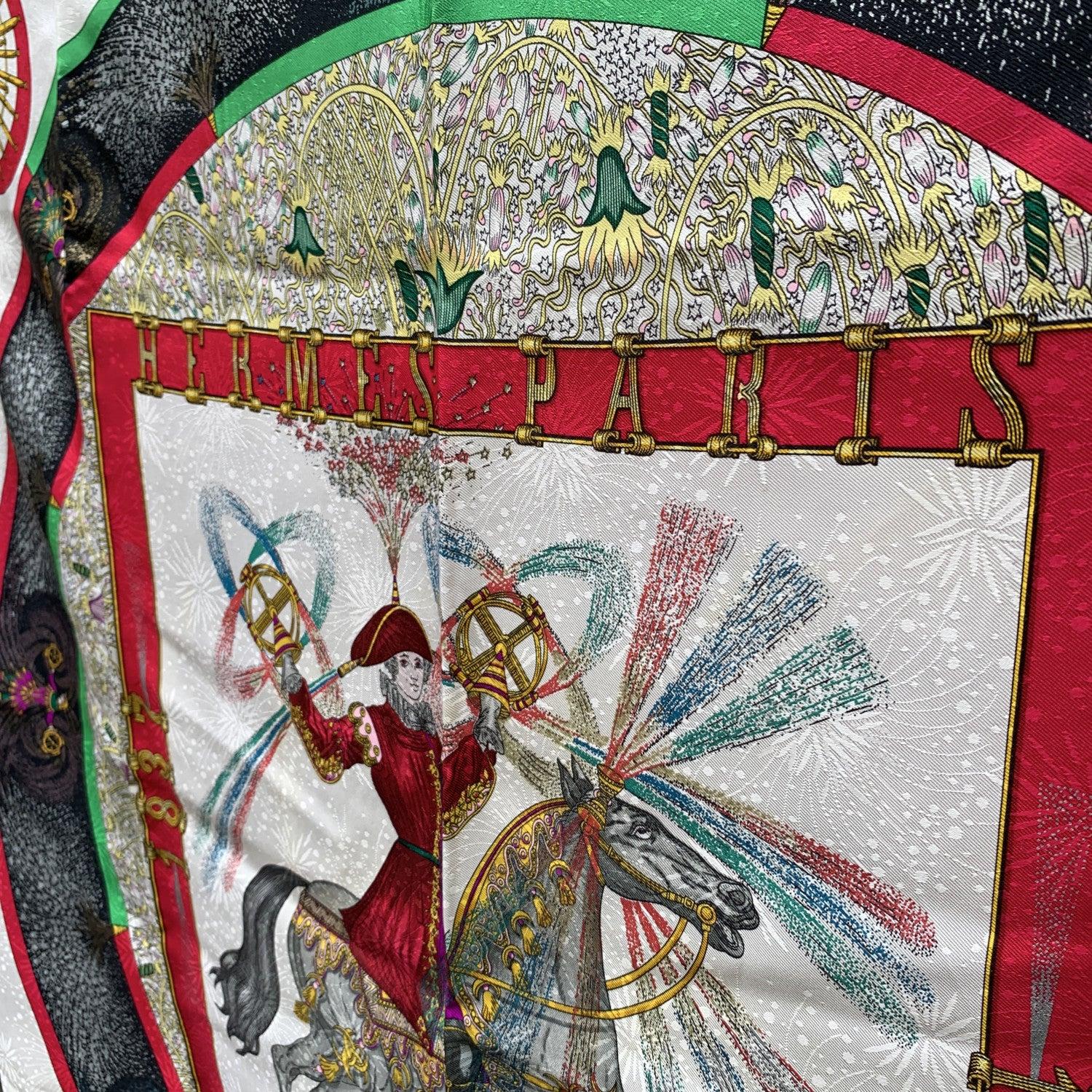 Brown Hermes Vintage Black Jacquard Silk Scarf Feux d'Artifice 1987 Duchene
