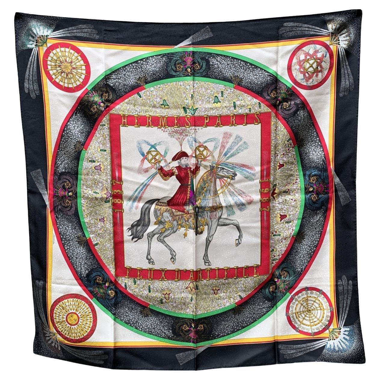 Hermes Vintage Black Jacquard Silk Scarf Feux d'Artifice 1987 Duchene