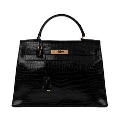 Hermes Vintage Black Kelly 32 Crocodile Porosus Handbag