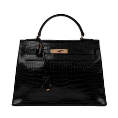 Hermes Vintage Black Kelly 32 Krokodil Porosus Handtasche