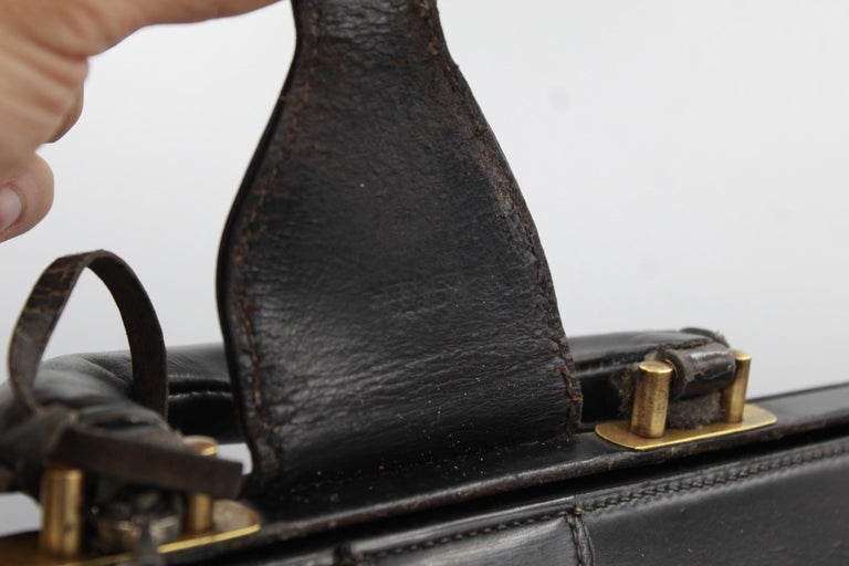 Women's or Men's Hermes Vintage Black Leather 60's Doctor Bag For Sale