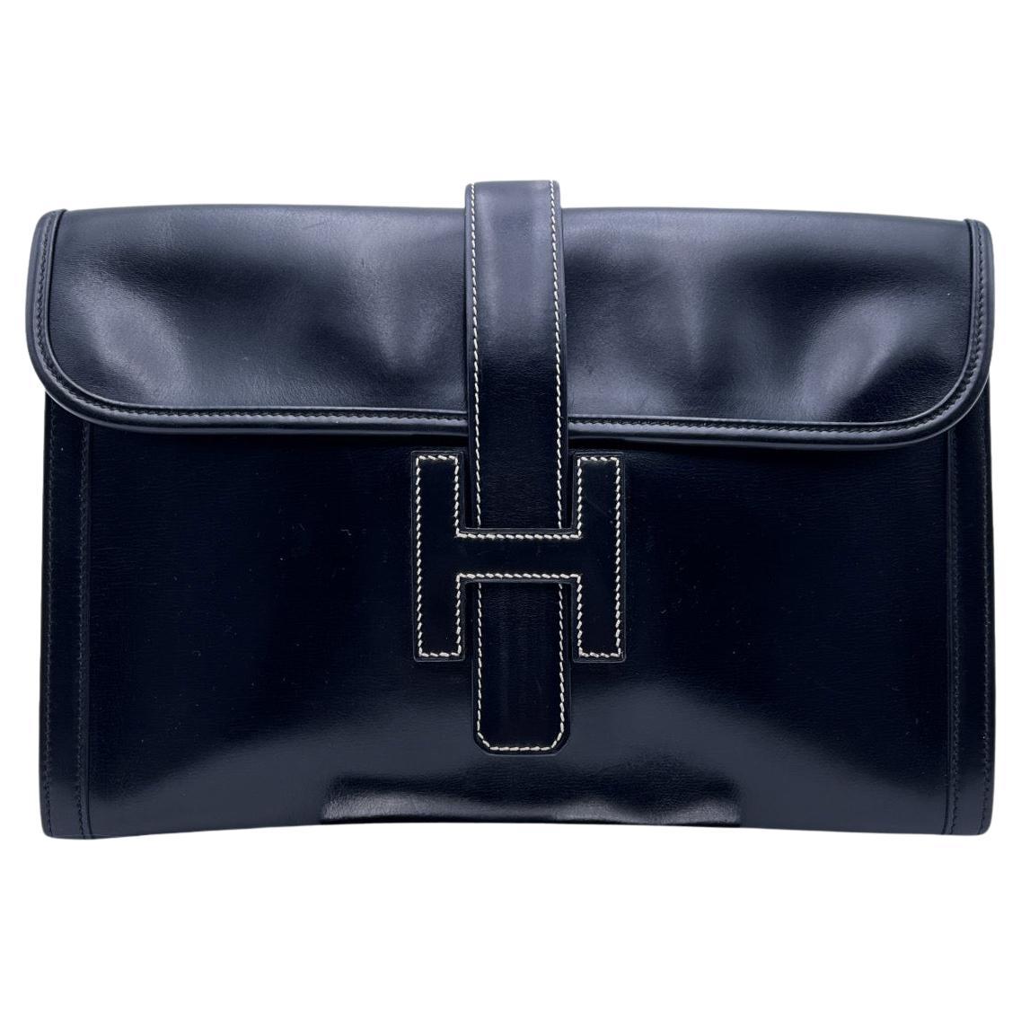 Hermes Vintage Black Leather Jige 29 cm Clutch Bag Pochette Handbag